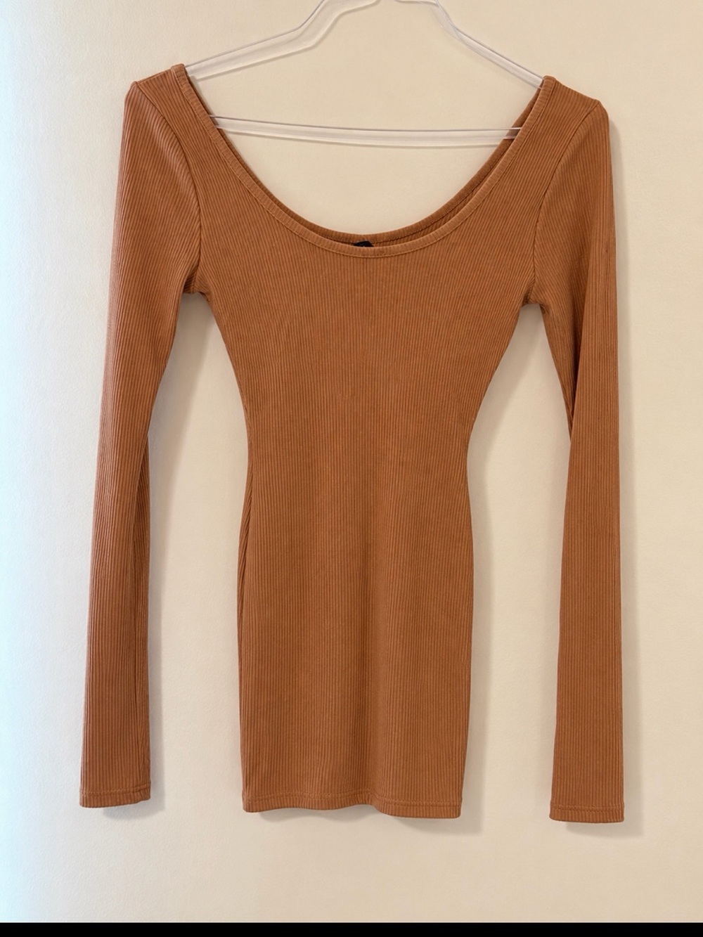 Fashion Nova Ribbed Long Sleeve Scoop Neck Top - Brown Tan Romper